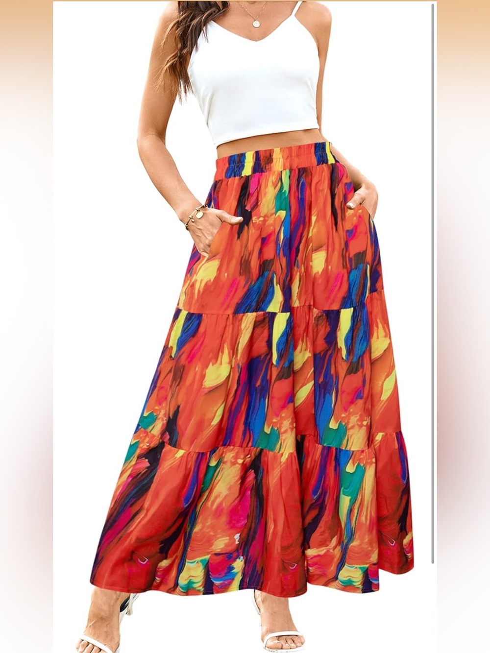 NWOT Women’s Vibrant Multicolor Tiered Boho Maxi Skirt with Pockets Size Small